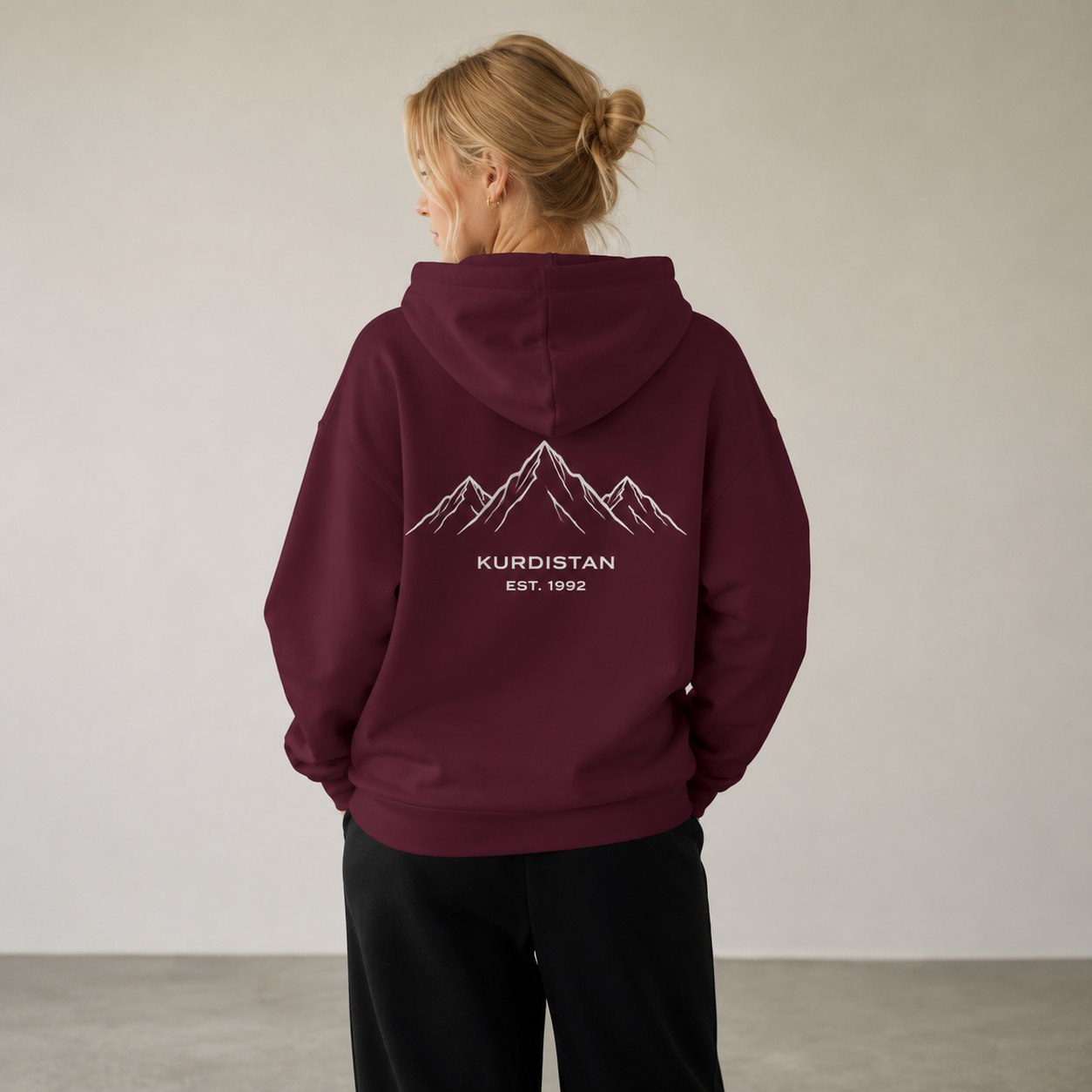 BIJI Hoodie in Maroon, Kurdistan mountain back print